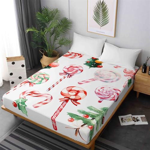 Mateju Spannbettlaken aus Mikrofaser, Weihnachten Süßigkeiten Druck Spannbetttuch Weiche Bequem Bettlaken für Einzelbett Doppelbett Boxspringbett, Matratzen bis zu 30 cm Höhe (90x200cm,Stil A)