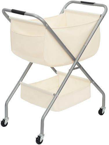 STORAGE MANIAC Collapsible Laundry Cart with Wheels 31.5H Rolling Laundry Hamper Clothes Basket with Wheels, Canvas Liner Sturdy Steel Frame Folding for Small Narrow Space Easy Storage, Beige