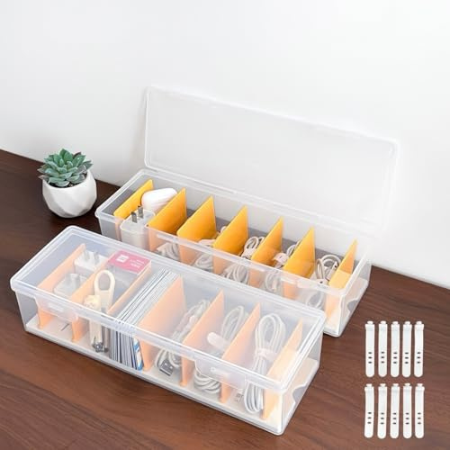 AXGG 2 Stück Kabel Organizer Box mit Deckel, Kabel Aufbewahrungsbox mit 10 Kabelbinder und 7 Verstellbare Fächern,Kabelbox Kunststoff Transparent für Büro,Zuhause,Schreibtisch (2 Stück)