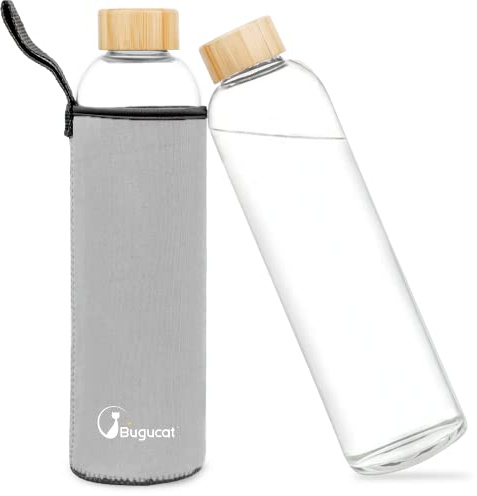 Bugucat Gourde en verre 1 l, bouteille d'eau en verre borosilicate, carafe pour smoothies, jus, eau et boissons, passe au lave-vaisselle, gris