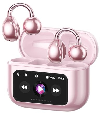ZOMBIES CAT Clip On Kopfhörer Open Ear Kopfhörer Kabellos Bluetooth 5.4 mit Intelligentem Touchscreen 4.1g Leichtgewicht Kopfhörer Sport, 60 Std Wireless Earbuds für Fitness, Laufen, Büro, M100 Rosa