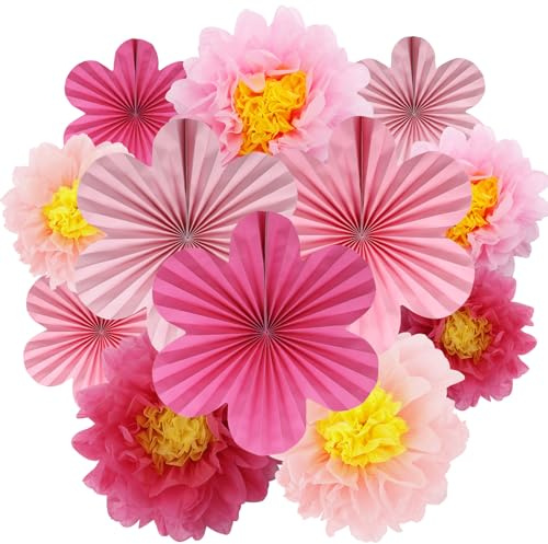 BestoFun Lot de 12 éventails en papier et fleurs en papier - Pompons - Rose - Pêche - Guirlande suspendue - Décoration pour mariage, fête d'anniversaire, fête de jardin, décoration de table