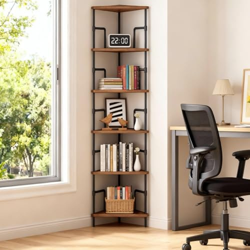 MAHANCRIS 65 Corner Shelf, 6-Tier Industrial Corner Bookshelf with Metal Frame, Small Plant Stand, Display Shelf for Living Room, Bedroom, Home Office, Small Spaces, Rustic Brown CSHR6601