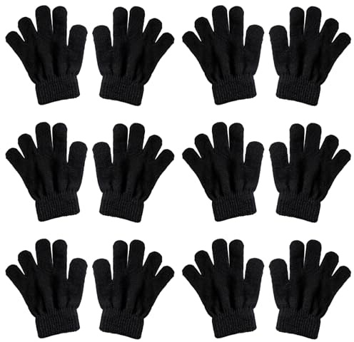 BDGYCK 6 Pairs Winter Magic Gloves Kids, Warm Knit Stretch Black Full Finger Gloves for Girls Boys, Aged 5-13 Years Old Winters Daily Cycling, Playing(Black)