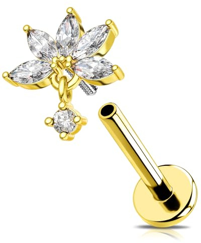 OUFER 16G Or Piercing Helix Acier Chirurgical 316L Lotus Piercing Oreille Cartilage à Filetage Interne 1,2 mm Pendant Anneau de Lèvre Conch Tragus avec 5 Marquises CZ Boucle d'oreille pour Femme 6 mm