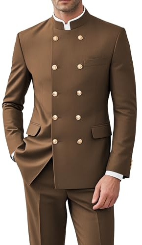 CYANDUSTY Men 2 Pieces Chinese Tunic Suit Slim Fit Stand Collar Brown Double Breasted Blazer Pants Suits Traditional Uniform Blazer Jackets Wedding Prom XXL