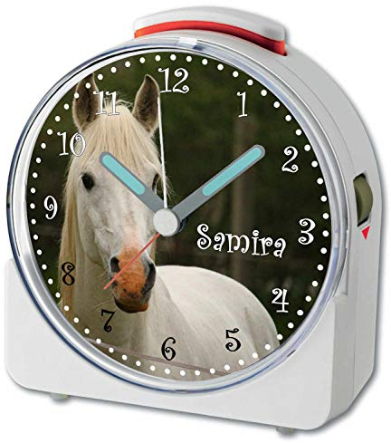 CreaDesign, WU-71-1134, Schimmel, analog Kinderwecker weiß, Funkwecker mit Sweep-Uhrwerk und fluoreszierenden Zeiger und Licht, personlisiert mit Namen, 10,2 x 4,6 x 11 cm