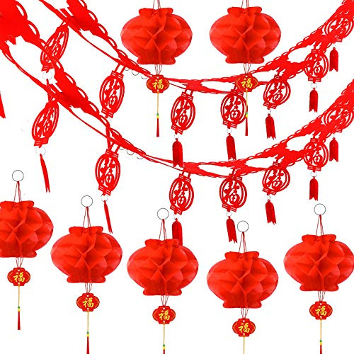HOWAF Decorazioni cinesi Fortune Fu Zi Banner Ghirlanda e 10 lanterne di carta rosse cinesi da appendere decorazione per Capodanno cinese 2026 Capodanno lunare Festival delle lanterne Festival di