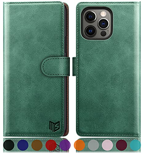 SUANPOT [RFID Schutz für iPhone 13 Pro Max 6,7-Zoll Hülle PU Leder Handyhülle Lederhülle Klapphülle Kartenfach Flip Cover für Apple 13 Pro Max Handy hülle Leather Wallet Phone Case Hellgrün