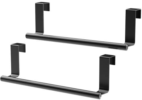 9 Over The Cabinet Towel Bar Holders, Handing Towel and Washcloth Rack for Bathroom and Kitchen, Stainless Steel, 2 Pack (Cool Black)
