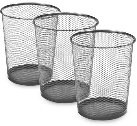 KEPLIN Round Trash Can Bin - 3 Pack Silver Non-slip Mesh Bins | Waste Paper Bin | Sturdy Metal Bin Indoor Waste Bin for Home, Bedroom, Office, Bathroom, Living Room, Kitchen