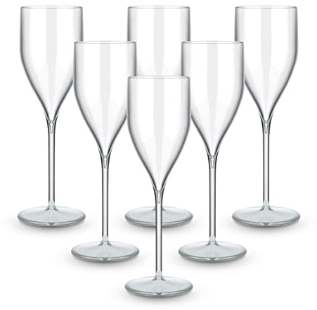BRYNA - Set 6 Pezzi Bicchieri Flute da 18 Cl in Policarbonato (Plastica Rigida), 100% Design Italiano, Bicchieri Infrangibili, Calici Vino Riutilizzabili e Lavabili in Lavastoviglie, Trasparente