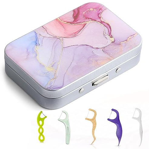 Gerkia Dental Floss Portable Case, Easy to Store Floss Picks of Various Sizes, Portable Dental Floss Dispenser is Perfect for Travelling, Hotels, Dinners, Appointments.Pink Marble