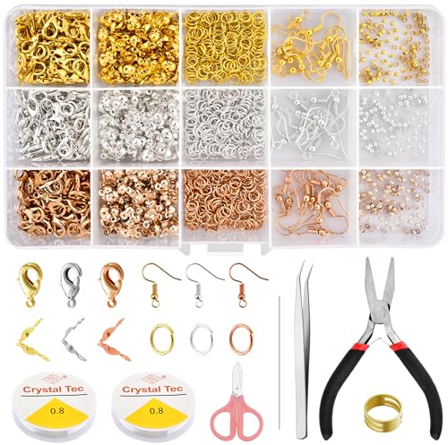 Remione RM032 Lot de 1000 accessoires de fabrication de bijoux avec fermoirs mousquetons, anneaux ouverts, perles à écraser, crochets de boucles d'oreilles pour débutants, bracelets à faire soi-même