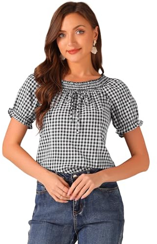 Allegra K Gingham Plaid Blouse for Women Peasant Round Neck Ruffles Puff Sleeve Top Black XL