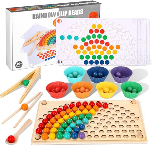 LEAZZLE Holz Montessori Spielzeug, Rainbow Clip Perlen Brettspiele, Puzzle & Geschicklichkeitsspiele & Mathe Lernspielzeug, Farben Sortier Stapelspielzeug für ab 3 4 5 6 Jahre,Kreativ Kinder Geschenke