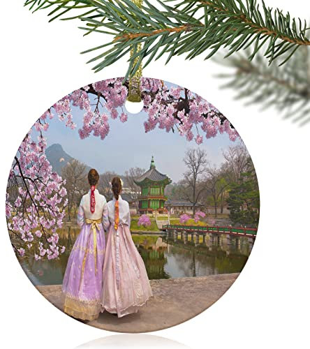 Christmas Tree Decoration Peach Tree Lake Pavilion Scenery Girl Back Round Christmas Tree Decorations Multi-Colour Ceramic Xmas Ornament Decoration Christmas Baubles For Gift Holiday Family