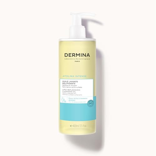 DERMINA Huile Lavante Relipidante 400 ml, Huile de Douche - Nettoie, Nourrit, Protège - Gel Douche Visage et Corps pour Peaux Sensibles, Sèches - Fabr
