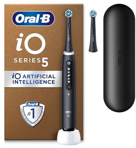 Oral-B iO 5 Black Electric Toothbrush, 2 Toothbrush Heads, 1 Travel Case, Designed by Braun