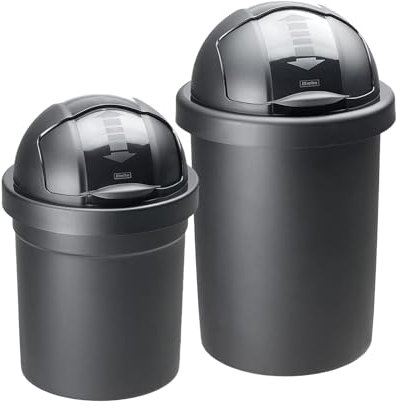 Rotho Roll Bob - Juego de 2 cubos de basura redondos con tapa, sin BPA, color negro, 10 l y 30 l