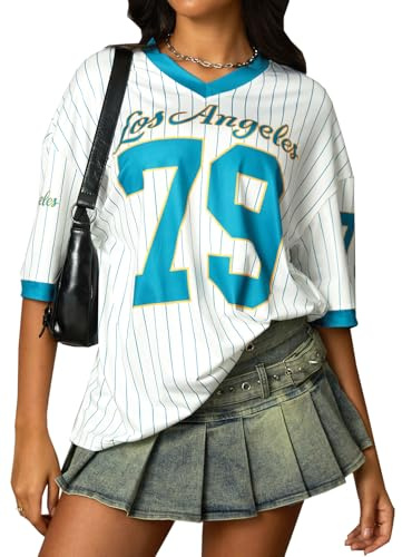 Navneet Femme Jersey Shirt Y2K Maillot Rayé Oversize T-shirt Été Baggy Longshirt Manches Courtes Football Streetwear, S