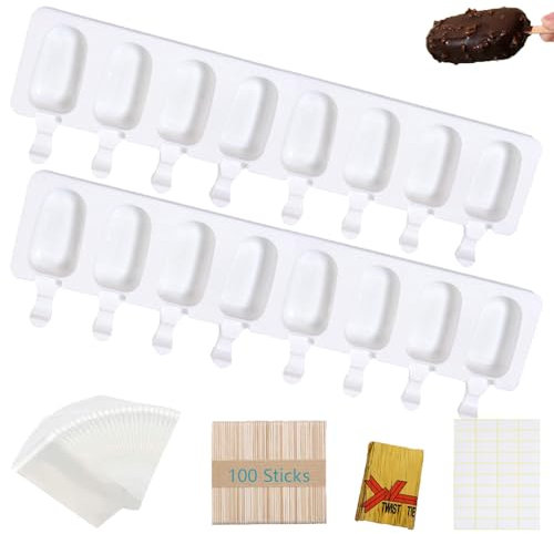 Aicerous® 2 Pcs Stampi Gelato a 8 Cavità in Silicone, Formine per Gelati, Stampi per Gelati, BPA Free, con 100 sticks, 100 OPP bag, 100 etichette, 100 strisce di imballaggio