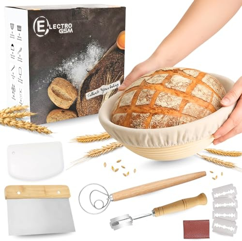 Sourdough Starter Kit – 9 Round Banneton Bread Proofing Basket with Liner, Dough Whisk, Bread Lame & Scrapers - Handmade from Quality Natural Indonesian Rattan Bread Making Accessories