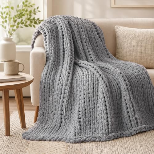 Battilo Chunky Knit Throw Blanket, Soft and Thick Chenille Throw Blanket, 50x60 Handmade Cable Knit Crochet Blanket, Light Grey Knot Knitted Throw Blankets for Couch Sofa Bed Home Decor, Light Grey
