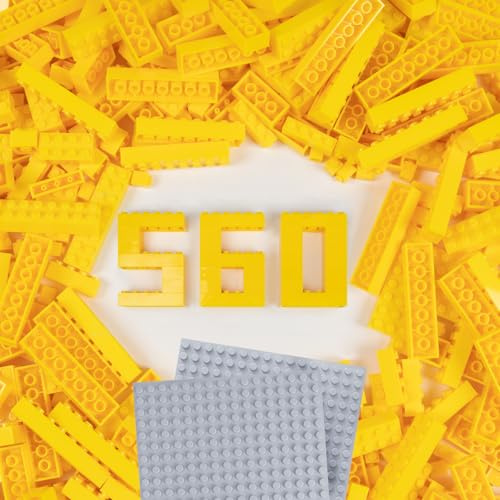 Cabeeskii Blocs de Construction Classiques en Vrac avec 2 plaques de Base, Briques de Construction en 7 Tailles, compatibles avec Toutes Les principales Briques, 560 Jaune