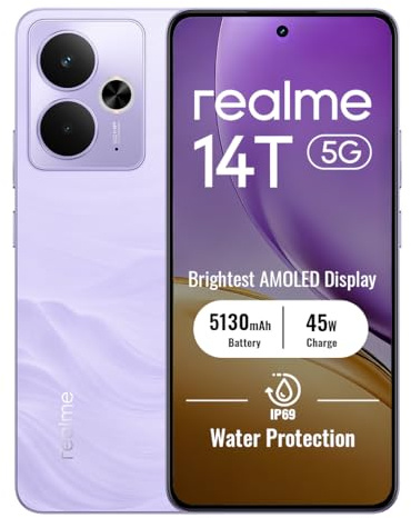 realme 14T 5G Smartphone 8+256GB, Purple | 5130mAh Battery, 6.67 Inch Display, 120Hz Refresh Rate, 50MP AI Camera, MediaTek Dimensity 6300 Processor, IP69