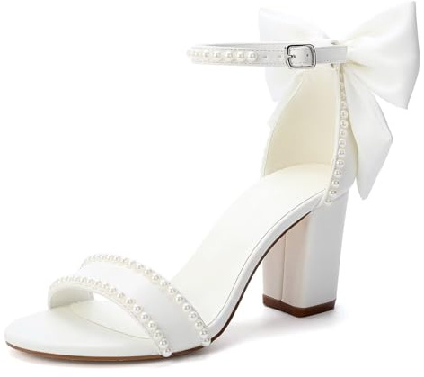 Jotwry Block Heel Wedding Shoes for Bride Bow Heels Open Toe Wedding Sandals Pearl Bridal Shoes-Ivory-9