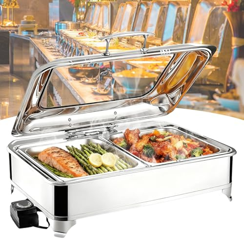VFDZ Chafing Dish Elettrico, 9L Professionale Scaldavivande Buffet Elettrico Acciaio Inox, Contenitore Scalda Cibo Temperatura Regolabile per Buffet, Ristoranti, Hotel(1/2 PAN)