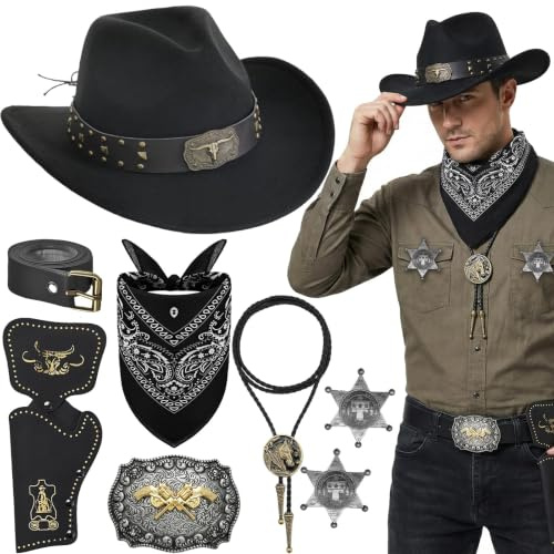 8Pcs Western Cowboy Costume Accessories Set, Wild West Cowboy Hat with Paisley Bandana Holster Belt Bolo Tie Necklace & Sheriff Badge for Men Theme Party Halloween Party
