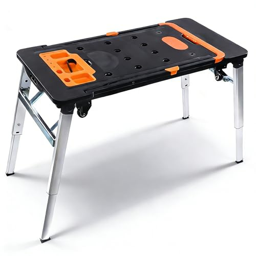 Folding Work Table 7 in 1 Multifunctional Work Benches Portable Workbench, 700lbs Capacity for Garage Workshop & DIY Projects with 4 Wheels & Tool Tray