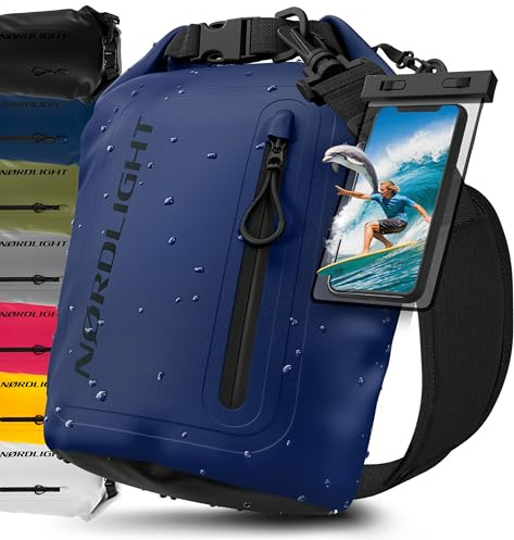 Nordlight Dry Bag Vattentät Väska med Mobilfodra+ Rullstängning, Axelrem | Drybag Vattentät Ryggsäck Packsäck Våtbag Packväska | Simning Strand Stå Upp Paddling Kanotpaddling - Navyblue, 5 Liter