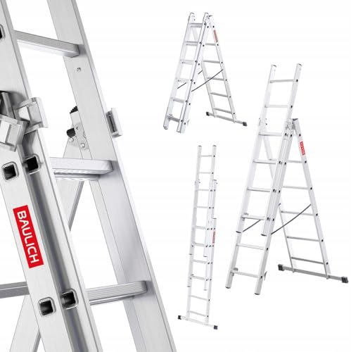 Baulich - Escalera Multiusos 3en1 de Mano - Escalera de Pared y Tijera - Aluminio Extensible - 3x6 (peldaños) Versátil, Plegable, hasta 150kg, para Trabajos en Casa y Jardín, Ligera 8 kg, Plateada