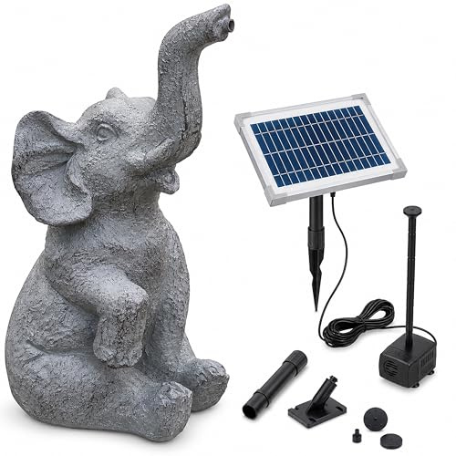 Esotec Solar Wasserspeier Set sitzender Elefant LUMI, H=17,5cm, Wasserspiel mit Teichpumpe 250l/h, Schlauch, Solarmodul, Solarbrunnen für draussen, Wasserspiel Garten-Teich 101675