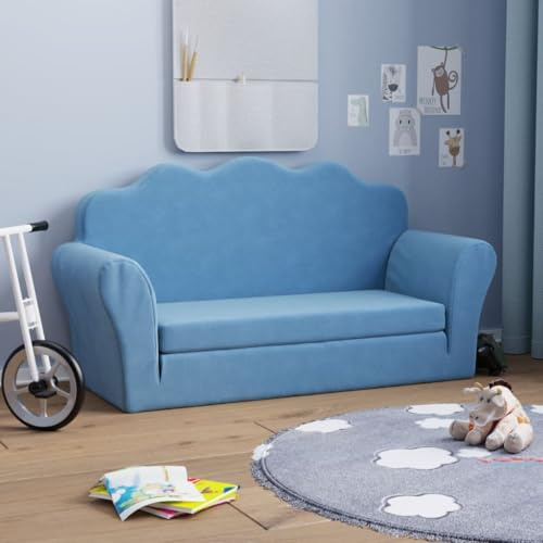 Runheo Barnbäddsoffa 2-sitsig blå, mjuk plysch 94 x 90 x 48 cm, avtagbart överdrag, skumvadderad, mångsidig babymöbler, platsbesparande för barnrum, säker och bekväm