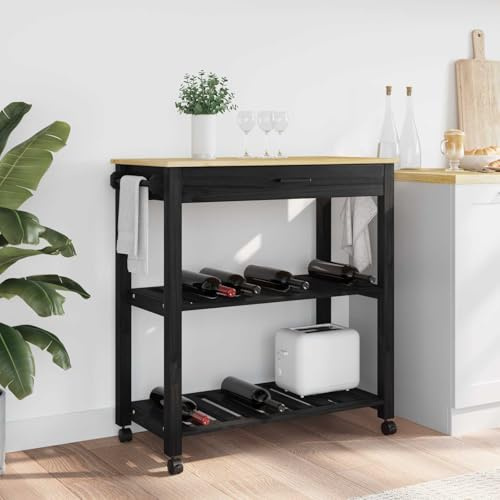 Bendmaxx Monza köksvagn svart av massiv furu 84 x 40 x 88,5 cm med hylla och låda, 4 360 graders rullar, rullvagn arbetsvagn för kök och matsal
