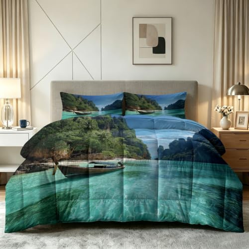 Skyline Beach Påslakan, 7,5 tog, dubbelsäng för sommar och höst, utan överdrag, hav, båt och berg, allergivänligt täcke med 2 örngott, 200 x 200 cm, tvättbart