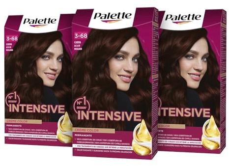Palette Intensive Creme Color 3-68 Caoba, tinte de pelo permanente con aceite de macadamia y almendras, cubre el 100% de las canas y raíces, para un color radiante, Pack 3