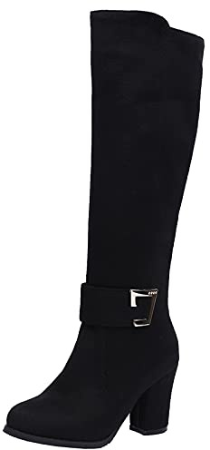 Onewus Women Knee-High Boots with Chunky Heel and Rounded Toe Black