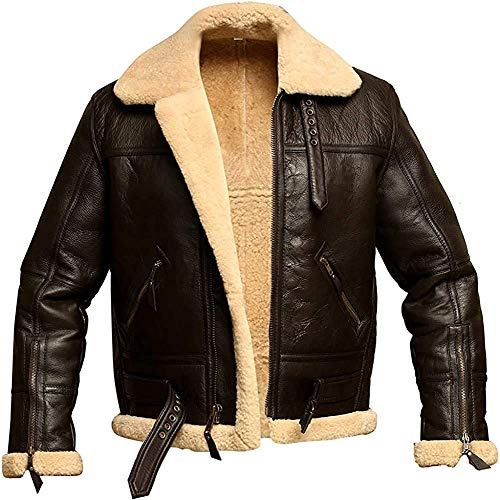 GENUSKIN Men RAF Aviator Bomber Real Shearling Sheepskin Leather Jacket, Brown, Large…
