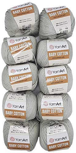 10 x 50g Strickwolle YarnArt Baby Cotton mit 50% Baumwolle, 500 Gramm Wolle einfarbig (grau 451)