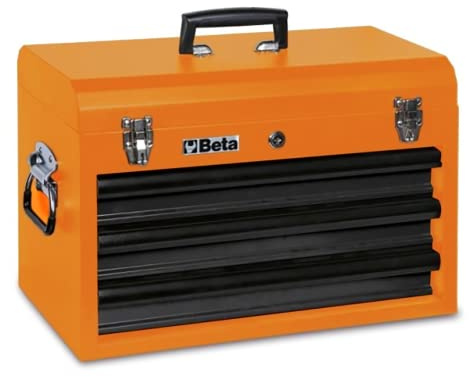 BETA C22E Tragbarer Werkzeugkasten aus Blech mit 3 Schubladen von 435 x 210 x 50 mm, montiert auf kugelförmigen Teleskopschienen, Gewicht 20 kg, Schwarz/Orange