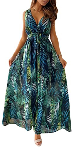TOPLAZA Maxi Dresses for Women Summer Beach Floral Dress V Neck Sleeveless, Green, XXL