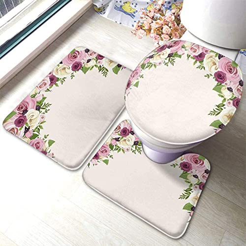 Set 3 Teilig Badvorleger Rosa Und Weiße Rosen Lisianthus Blumen, Brombeeren Und Grüne Blätter Konturmatte Wasserabsorbierend Dekorative Bad Duschmatten, Für Spa, Wohnzimmer