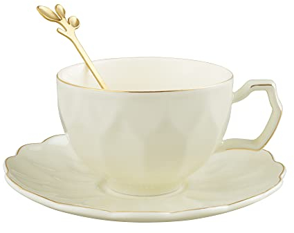 fanquare Vintage Jaune Tasse à Thé avec Cuillère, 200ml Tasse à Café avec Soucoupe, Tasse à Thé en Porcelaine pour Espresso, Cappuccino