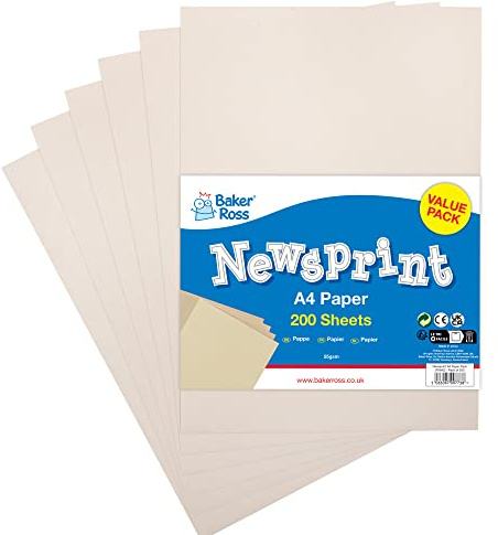 Baker Ross FX842 A4 Newsprint Paper Pack - Pack of 200, Paper for Wrapping and Arts and Crafts