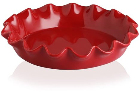 Sweejar Home Ceramic 29cm Round Pie Dish, Fluted Porcelain Pan, Non-Stick Quiche Dish for Pumpkin & Apple Pie, Farmhouse Design (Red)